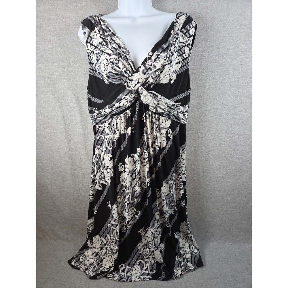 SOMA Jersey Knit Dress XL‎ Black White Floral Sleeveless Twist Front Whimsigoth